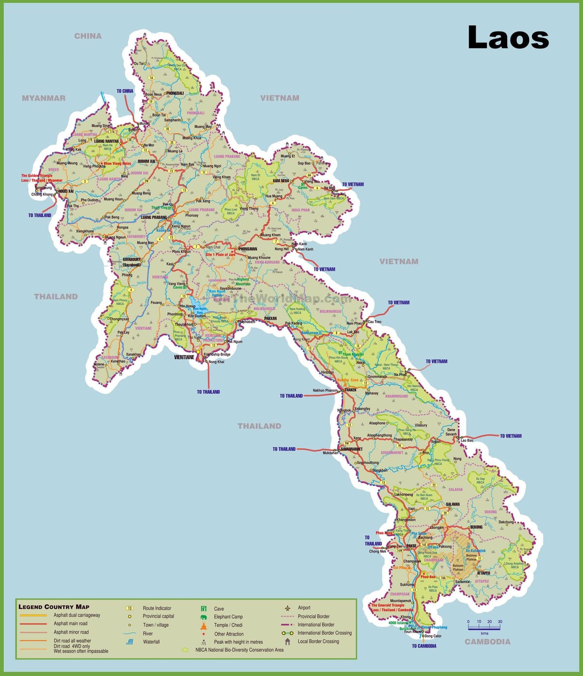 laos turistických atrakcí mapě